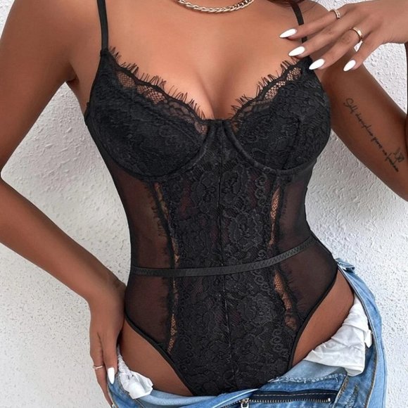 BLACK LACE BODYSUIT CHIC CLASSY SEXY - Picture 5 of 6